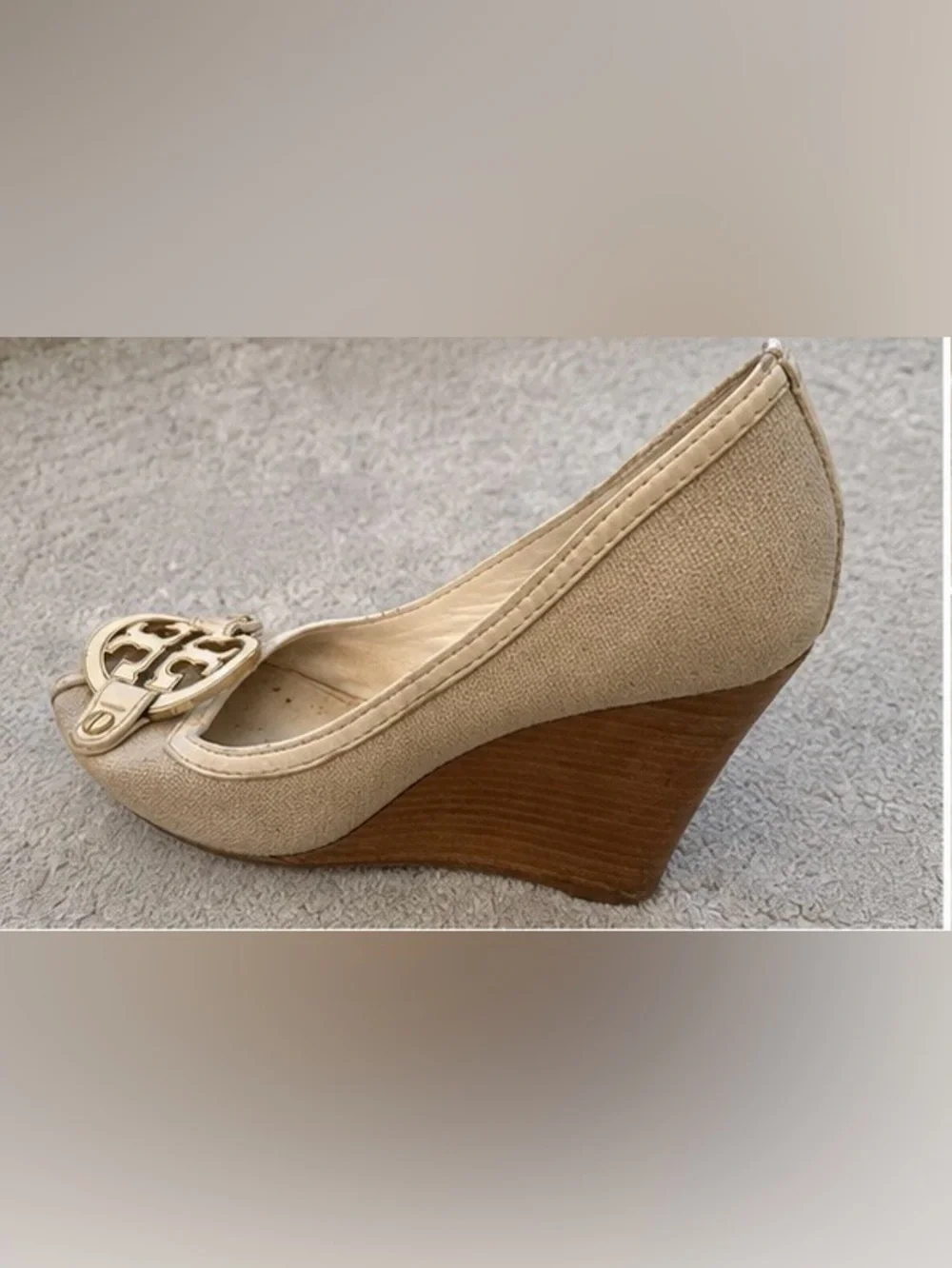 Tory Burch Cream Peep-Toe Logo Flats